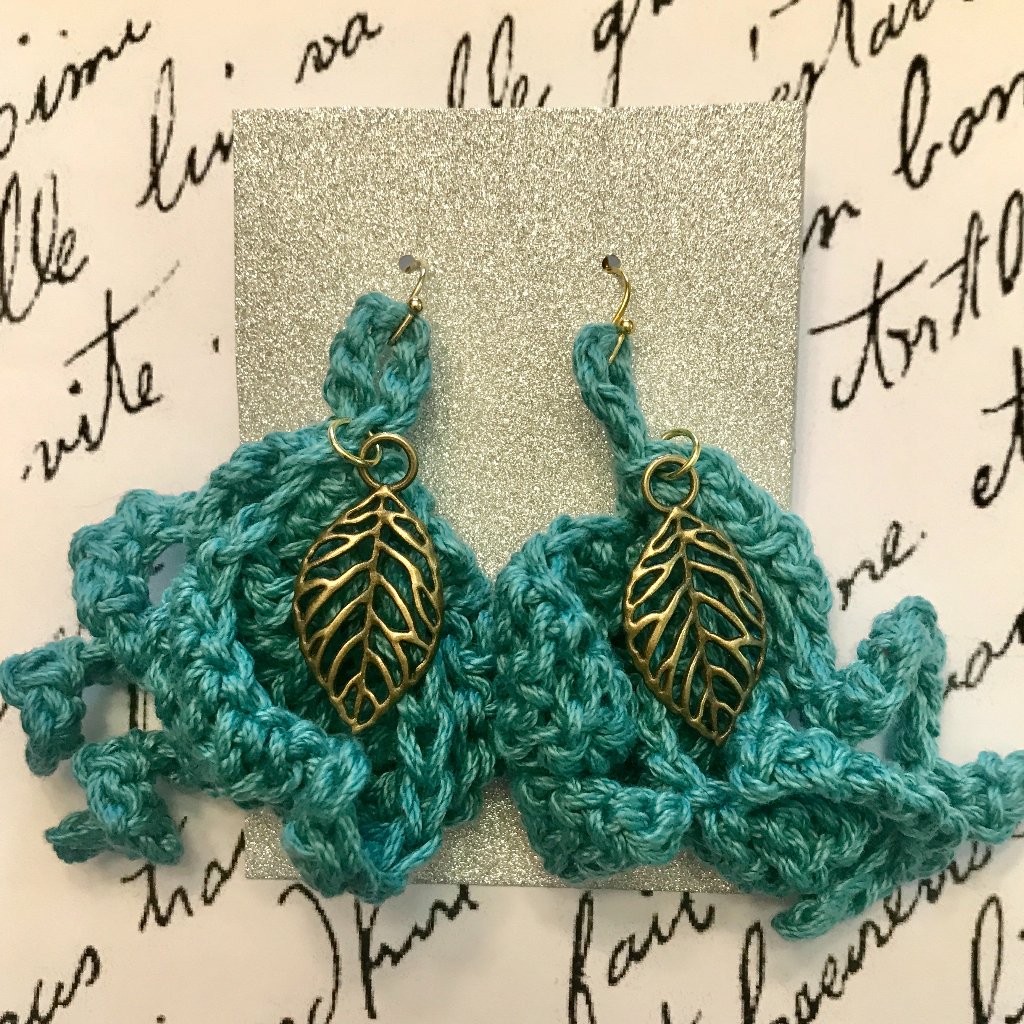 Freeform Crochet Falling Leaves Earrings Turquoise Fiber & Brass Leaf Charms